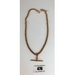 9k gold watch chain with t-bar, length 15”, w: 30.2 gms
