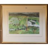 Trevor Stubley gouache, ‘Landscape near Moffatt’, image 20” x 14”, frame 30” x 25”. Good condition