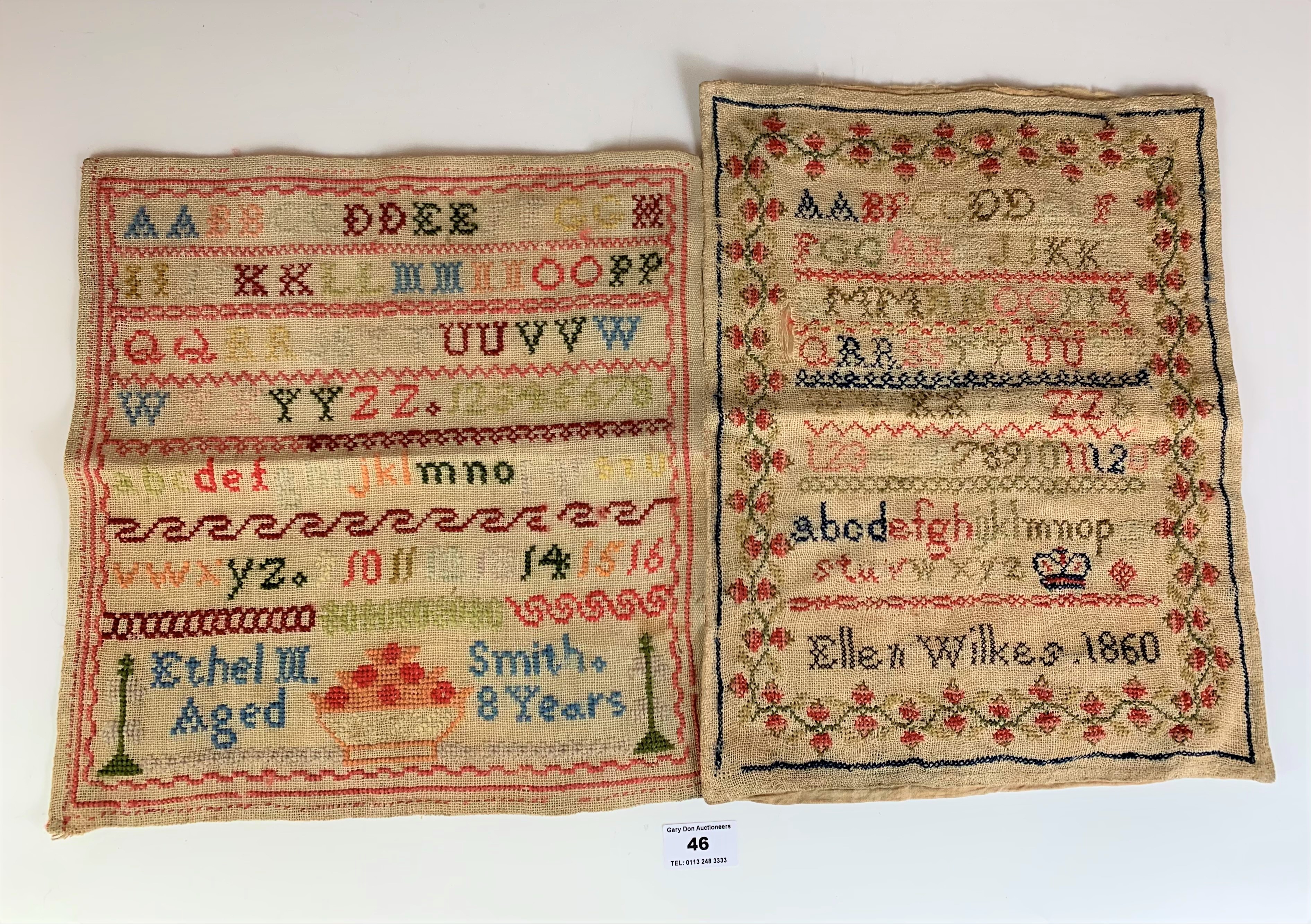 2 samplers – Ellen Wilkes 1860 with lined back 11” x 13.5” and Ethel M. Smith, aged 8 years 12” x - Image 2 of 5
