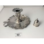 Silver candle holder and snuffer, 7” wide, 4” high. W: 8.5 ozt