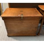 Oak blanket box with brass hinges, lock, handles and plaque. 24” high, 32” wide, 20” deep