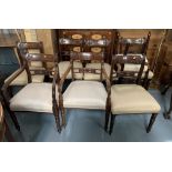 Set of 8 antique mahogany dining chairs, 6 + 2 carvers with cream upholstered seats