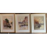 Set of 3 watercolours of river and boats by A. Fletcher, 1901. Images 8.5” x 11.5”, frames 13” x