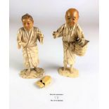 Pair of ivory male (7”) and female (6”) oriental figures and netsuke toggle (1.5”)