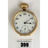 18k gold pocket watch, 2” diameter. Total w: 101.1 gms. Working