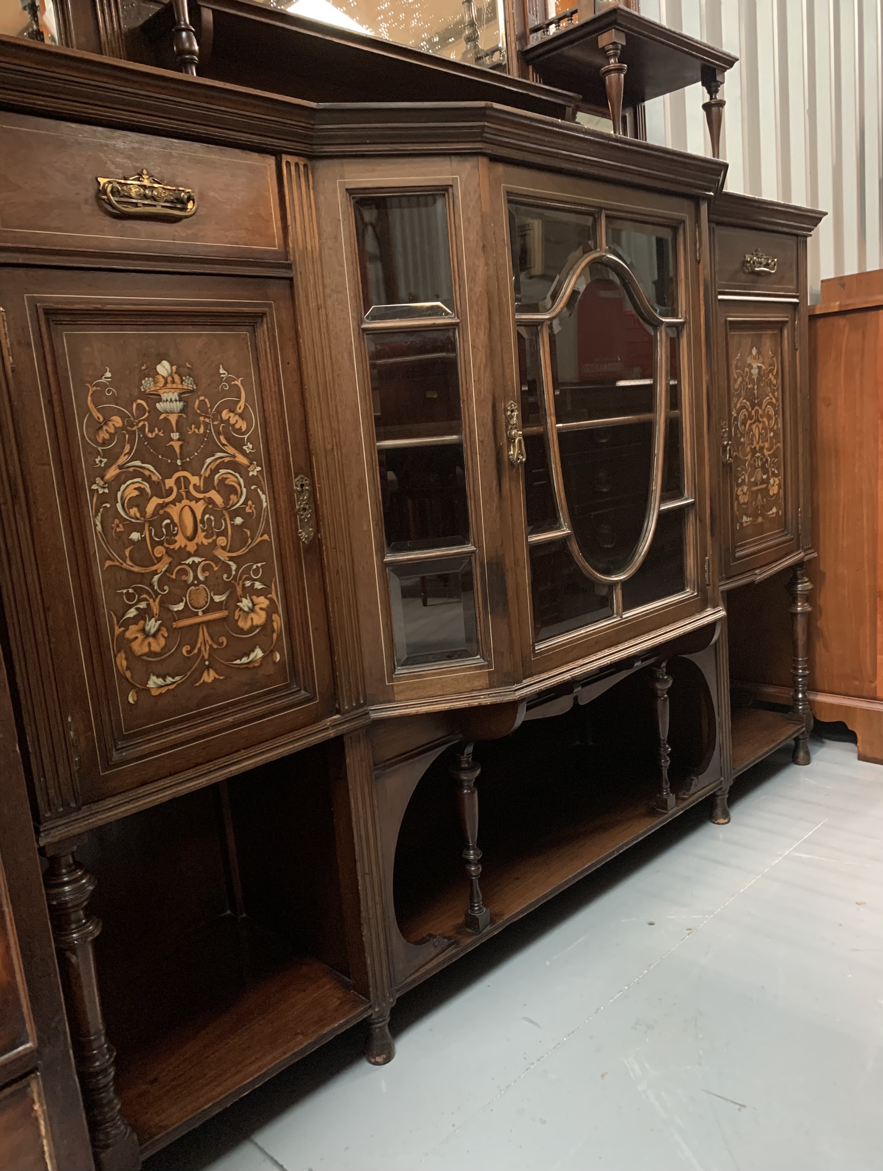 Inlaid antique mirrorback cabinet. 75” high, 60” wide, 18” depth - Image 6 of 6