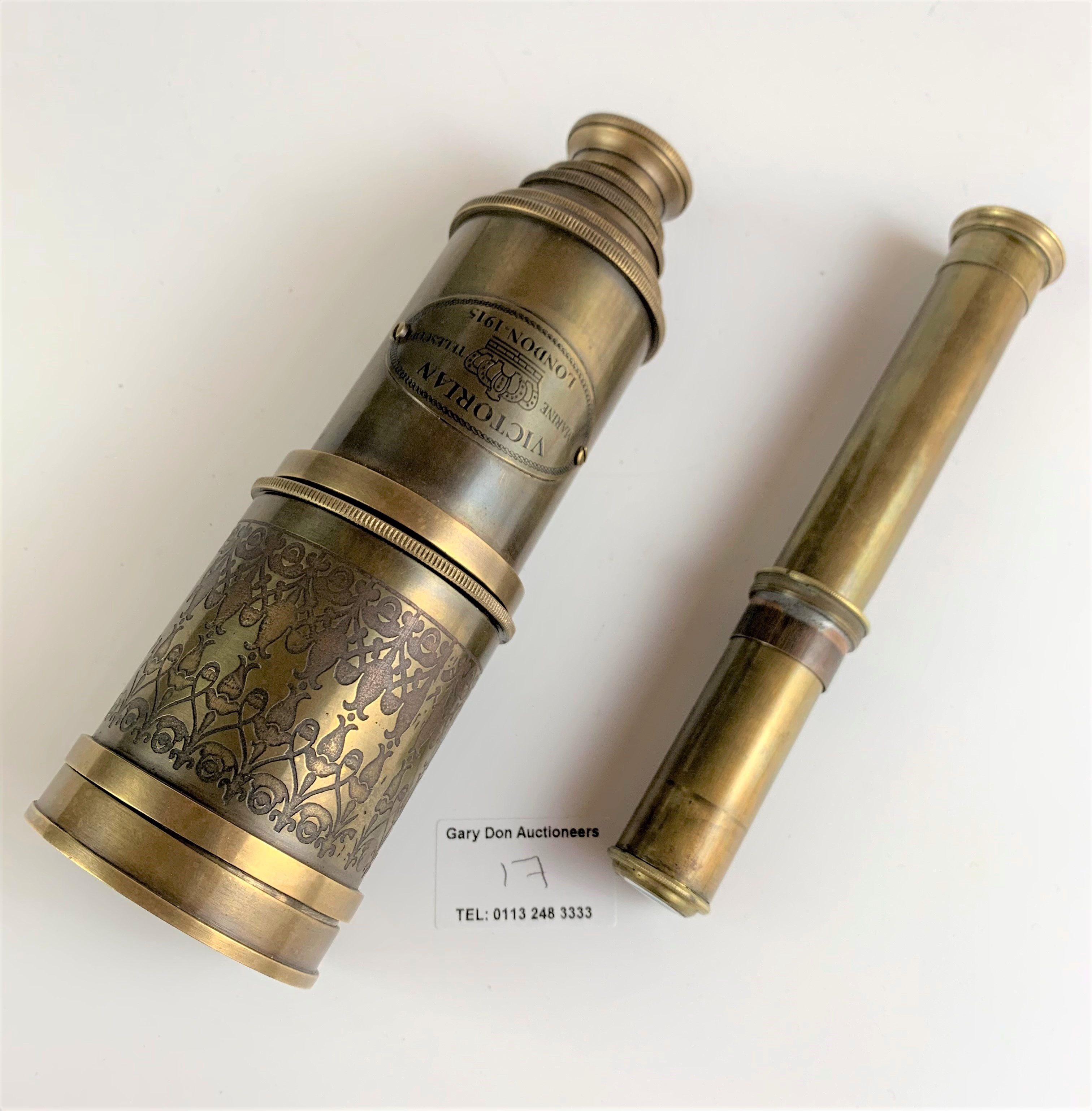2 small brass telescopes, 1 marked Victorian Marine Telescope, London 1915, 6.5” long and 1 - Image 2 of 8