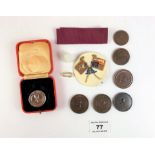 7 Masonic coins, ribbon and badge