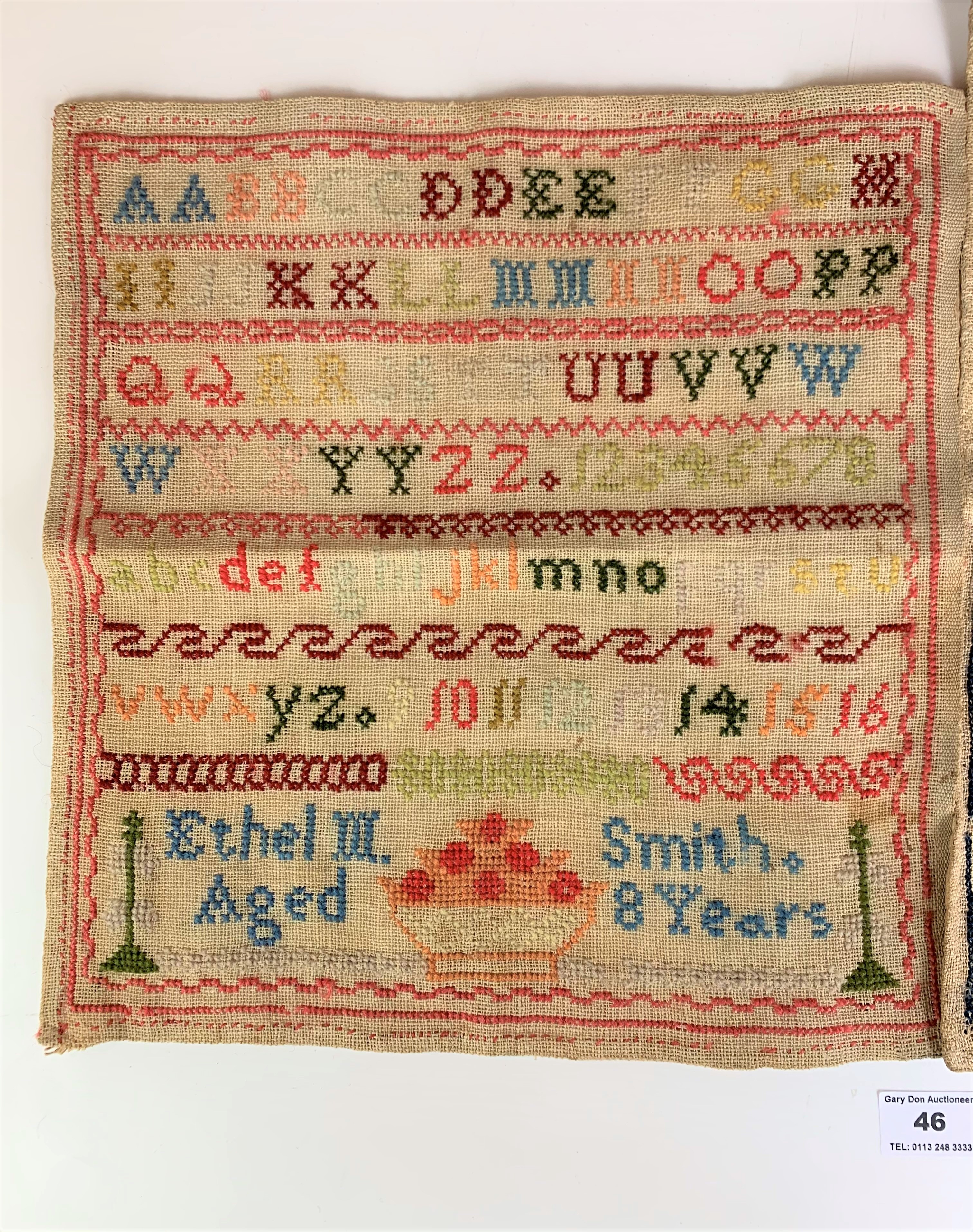 2 samplers – Ellen Wilkes 1860 with lined back 11” x 13.5” and Ethel M. Smith, aged 8 years 12” x - Image 3 of 5