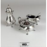 3 piece silver cruet set, pepper pot, salt dish with blue liner and spoon, mustard pot with blue