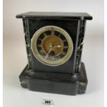 Black slate mantle clock with pendulum, 8.5” wide x 9” high