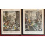 Pair of coloured engravings ‘Gin Lane’ and ‘Beer Street’ by W. Hegarth. Images 13” x 16”, frames 15”