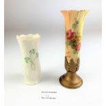 Small china vase in metal holder, 6” high and small Belleek vase 4” high. No damage
