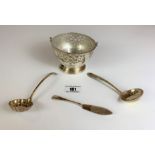 Silver sugar bowl with glass liner, Birmingham 1937, 2 silver sugar sifting spoons and small