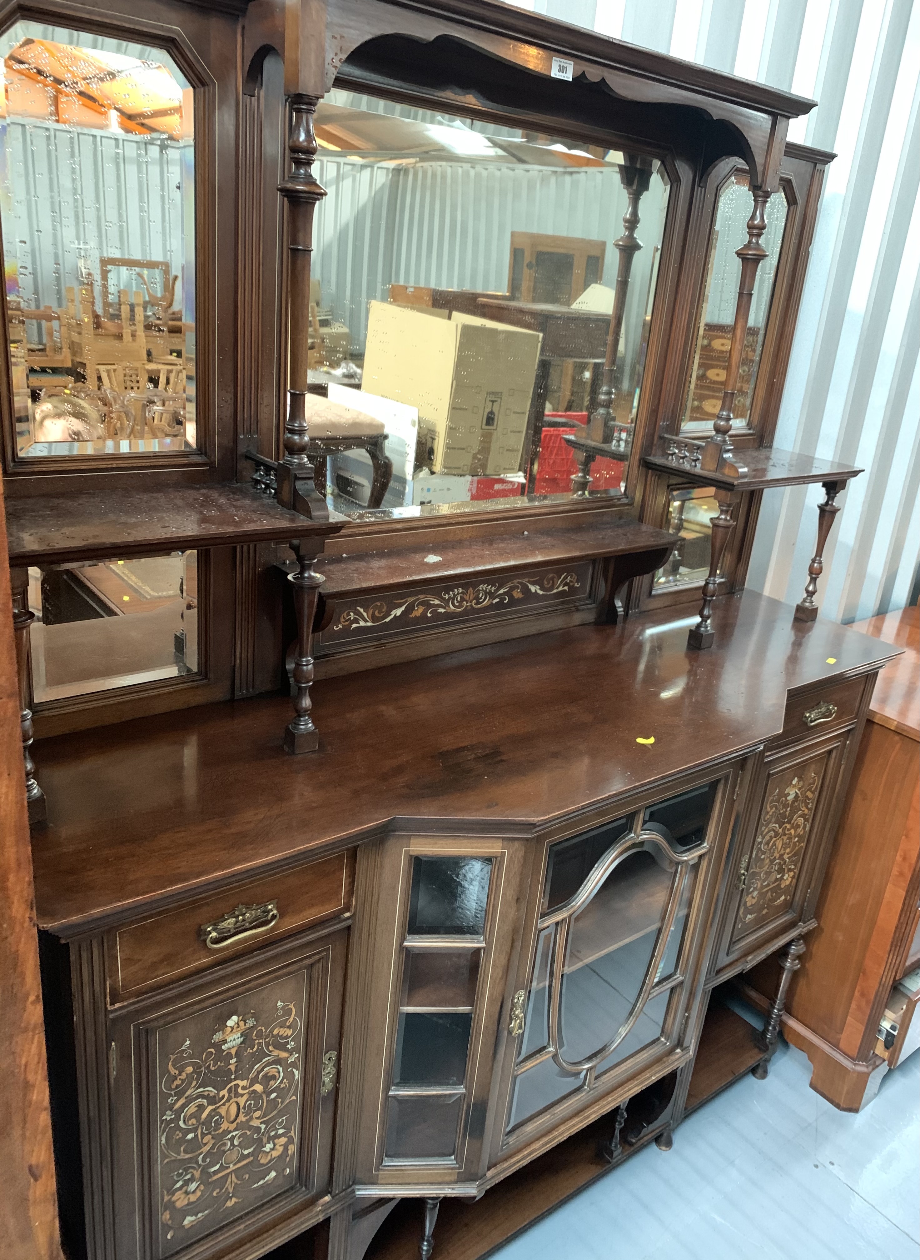 Inlaid antique mirrorback cabinet. 75” high, 60” wide, 18” depth - Image 5 of 6