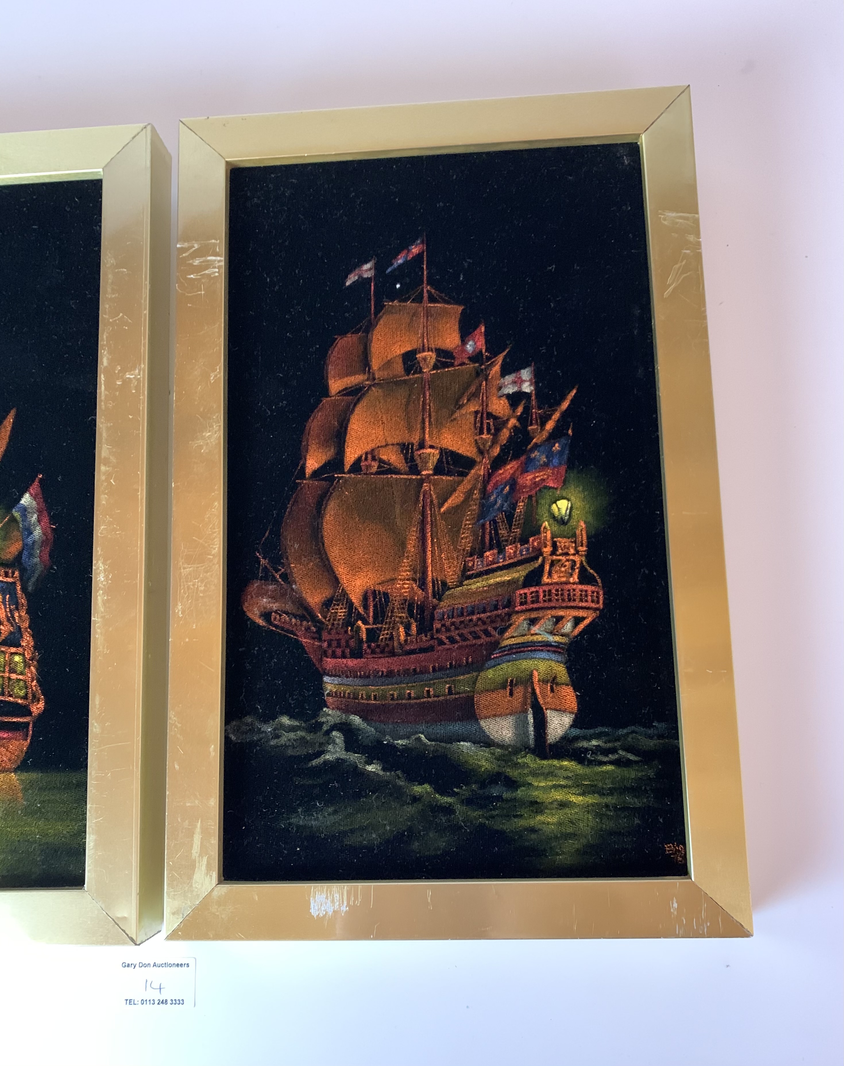 Pair of framed oil paintings on velvet by Vaughan, Brighton. 7.5” x 12”, frame 9.25” x 14”. - Image 3 of 7