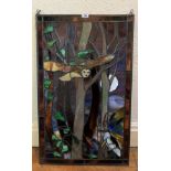 Stained glass window with scene of flying owl, trees and bird, 19.5” x 31.5”. No damage