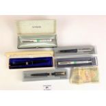 5 cased pens – Parker 45 fountain pen in Squire box, 2 Parker Yorkshire Electricity ballpoint pens