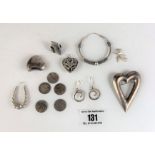 Assorted silver jewellery and coins, total w: 1.3 ozt