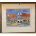 Trevor Stubley gouache ‘The Rathaus, Landsberg’, image 21” x 28.5”, frame 43” x 36”. Good
