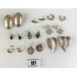 9 pairs of assorted silver earrings, total w: 1.5 ozt