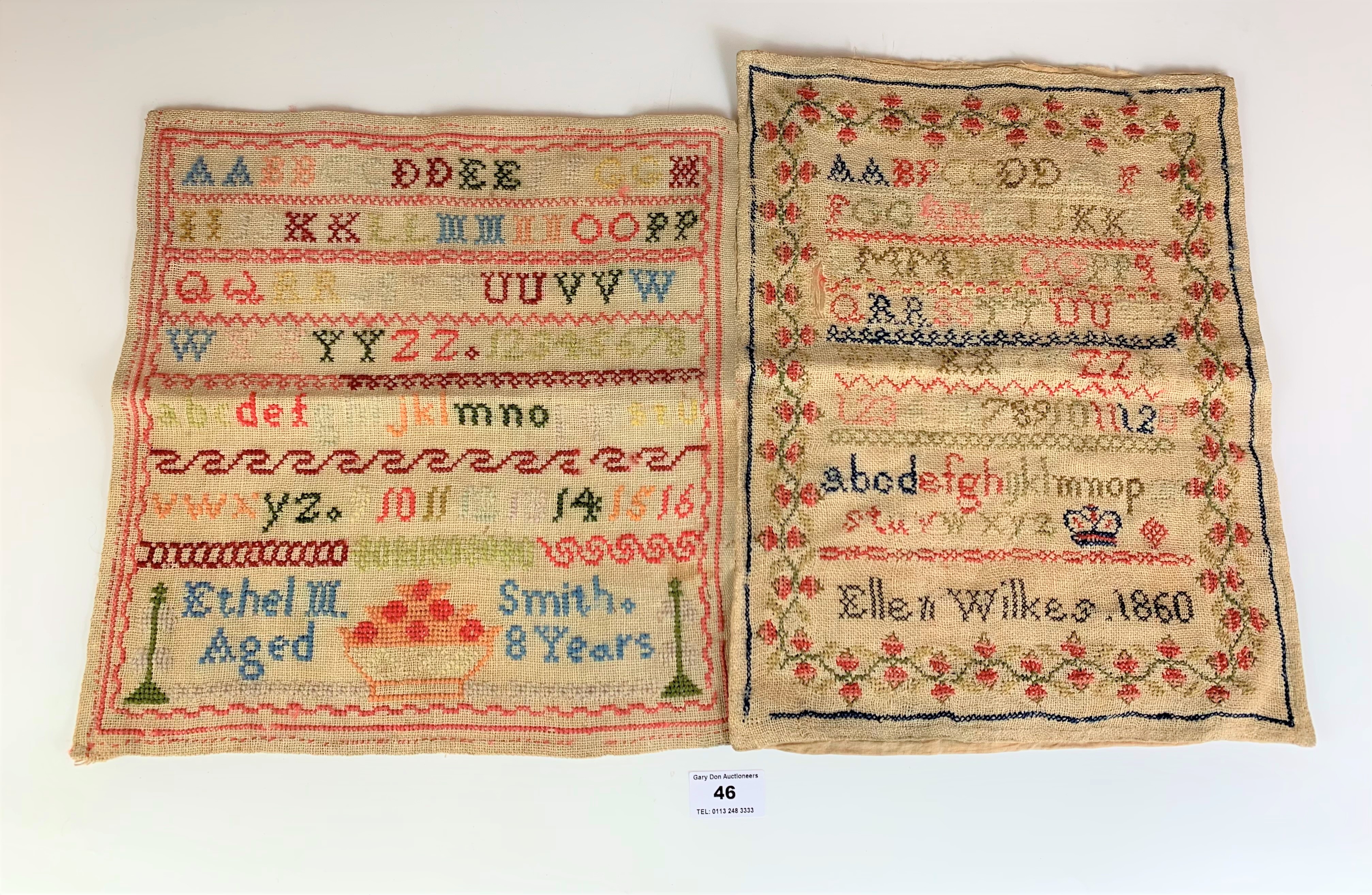 2 samplers – Ellen Wilkes 1860 with lined back 11” x 13.5” and Ethel M. Smith, aged 8 years 12” x