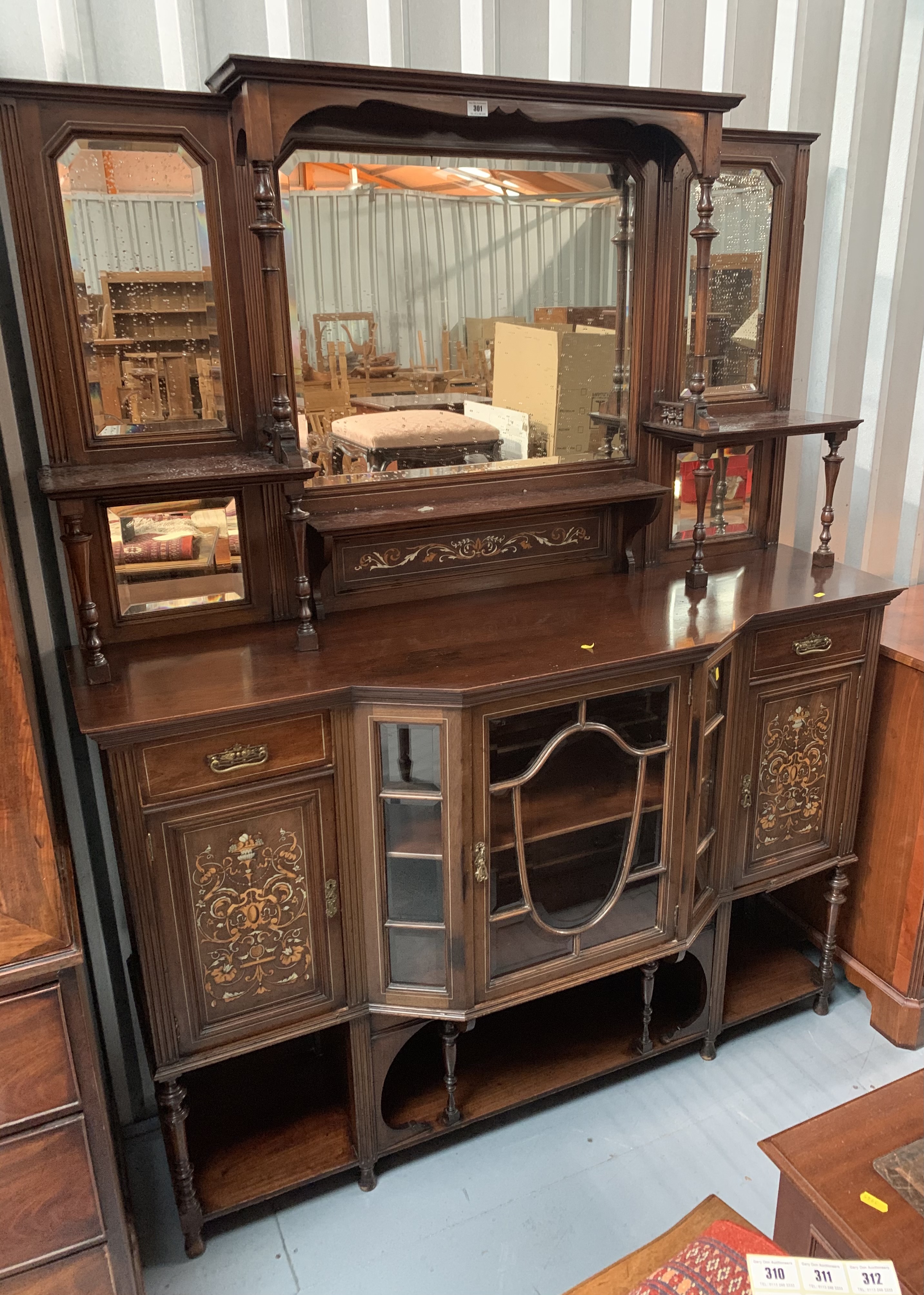 Inlaid antique mirrorback cabinet. 75” high, 60” wide, 18” depth - Image 2 of 6