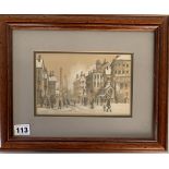 Brian Shields (Braaq) pencil and pastel sketch of town scene with figures in foreground. Signed ‘