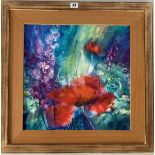 Acrylic “Poppies and Delphiniums” by Rosemary Abrahams 1998. Image 17.5” x 17.5”, frame 25” x 25”.