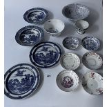 13 assorted blue/white plates and dishes