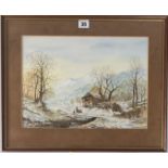 Watercolour of winter house and landscape by W. Page. Image 15” x 11”, frame 19.5” x 16”. Headrow