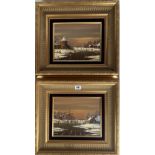 Pair of oil/acrylic Dutch winter landscapes signed Kaiser. Images 9.5” x 8”, frames 17.5” x 15.5”