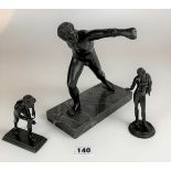 3 bronze Greek Olympic style athlete figures. Large one on marble base 8.5” high, 2 smaller ones