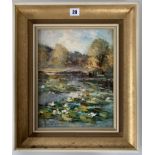 Oil on board of lily pond by V. Berzins. Image 10” x 13”, frame 15.5” x 18.5”.