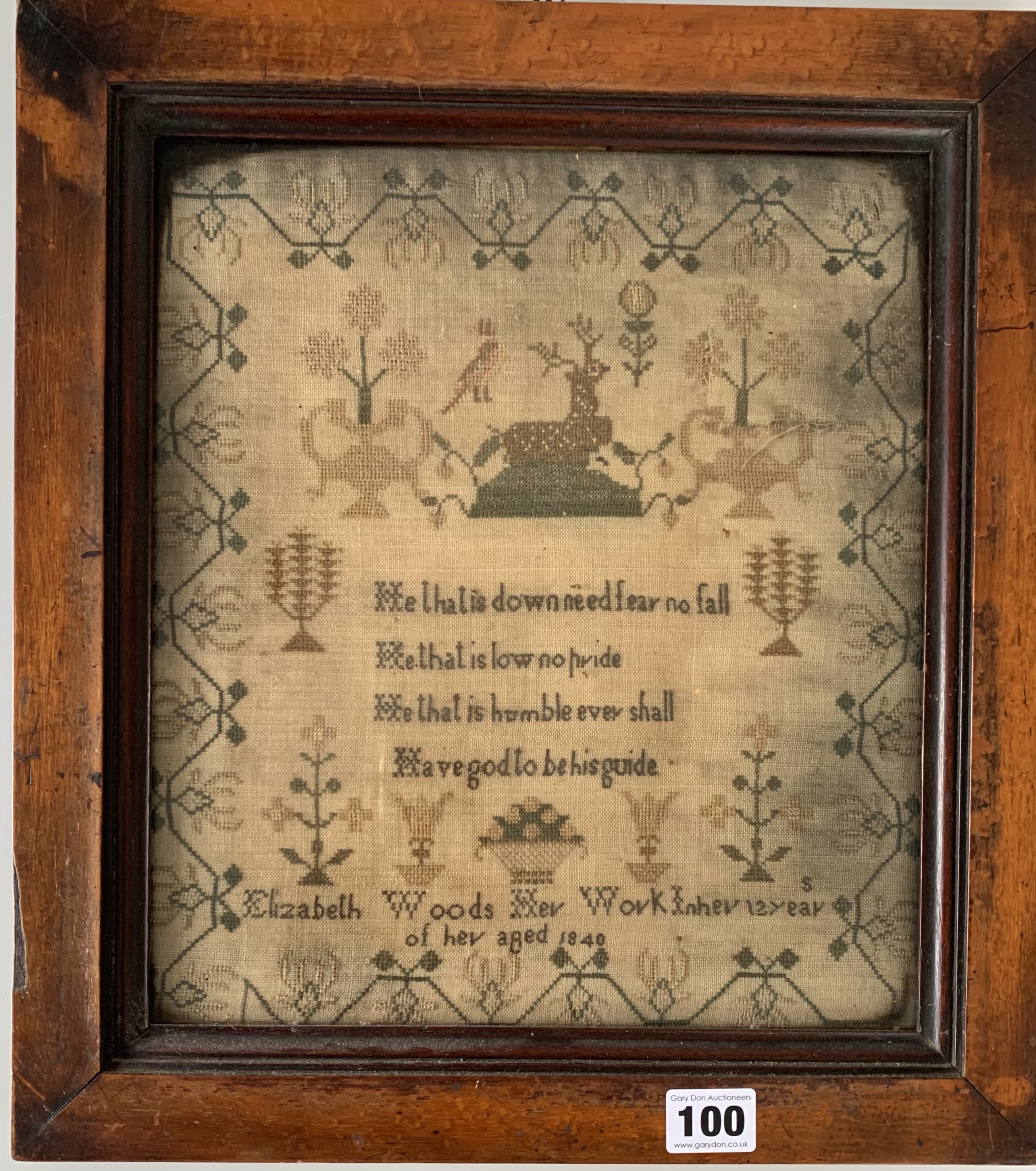 Sampler by Elizabeth Woods, age 12, 1840. 10.5” x 12”, frame 14” x 15.5”