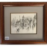 Brian Shields (Braaq) pencil sketch of town scene with figures in foreground. Signed ‘braaq’.