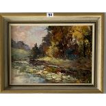 Oil on board, river scene by Vatteris Berzins, image 15.5” x 11”, frame 19” x 15”. Estimate £50 –