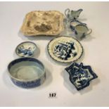 7 pieces of assorted blue/white ware and square peacock plate