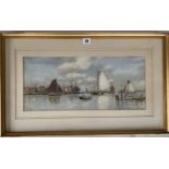 Watercolour of harbour, signed Dordrecht. Image 20” x 9”, frame 27” x 16”,