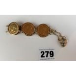 9k Gold bracelet with 5 Sovereigns and Queen Mother Gold crown 1980. Total w: 56.5 gms