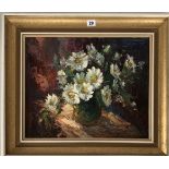 Oil on board of flowers in vase by V. Berzins. Image 18” x 15”, frame 24” x 20.5”