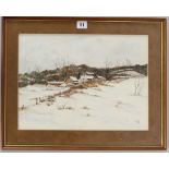 Watercolour of winter landscape by W. Page. Image 16” x 11.5”, frame 20” x 16” Headrow Gallery,