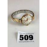 9k gold Audax Fortis ladies watch with plated elasticated strap, total w: 15 gms, working