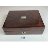Mahogany writing box with key, mother of pearl inlay and velvet inset. 10” long x 8” wide x 3” high