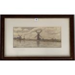 Watercolour of windmills, signed C.R. 1905. Image 19” x 8.5”, frame 29” x 18.5”