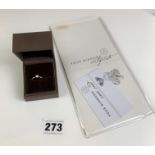 Platinum and diamond engagement ring with certificate. Carat w: 0.15, clarity SI1, cut round