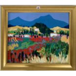 Acrylic on board “Luberon Hills, Provence” by M. Saville ’98, image 23.5” x 19.5”, frame 29.5” x