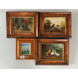 4 pictures – 3 oils on board of chickens by Tovey, images 6.5” x 5”, frames 10” x 8” and enamel on