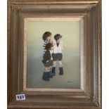 Brian Shields (Braaq) oil on canvas of 3 boys, signed ‘braaq’ “Ann”. Image 7.5” x 9.5”, frame 13”