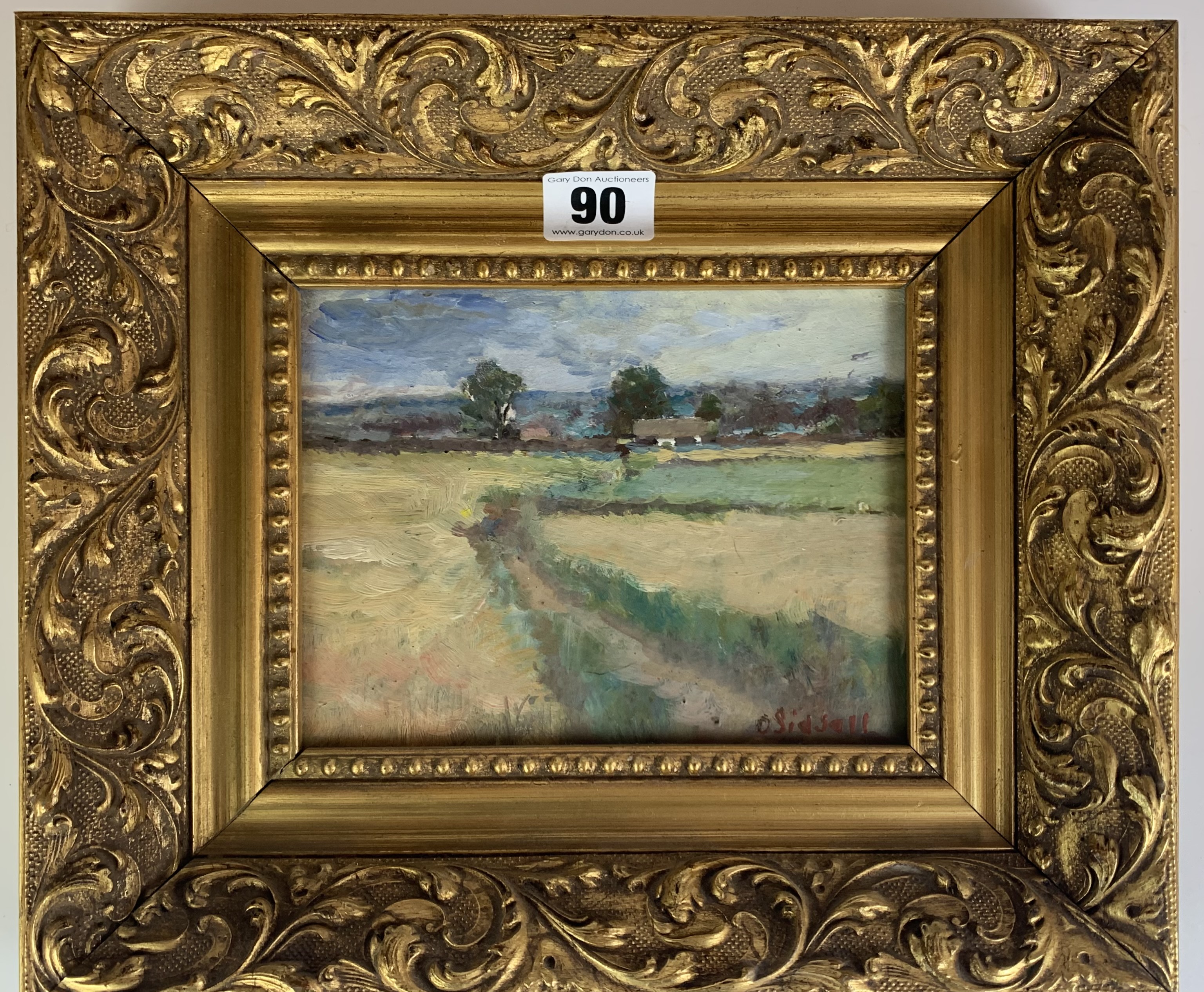 Oil on board of fields by Siddall, image 7” x 5”, frame 11.75” x 10”. Chantry House Gallery, Ripley.